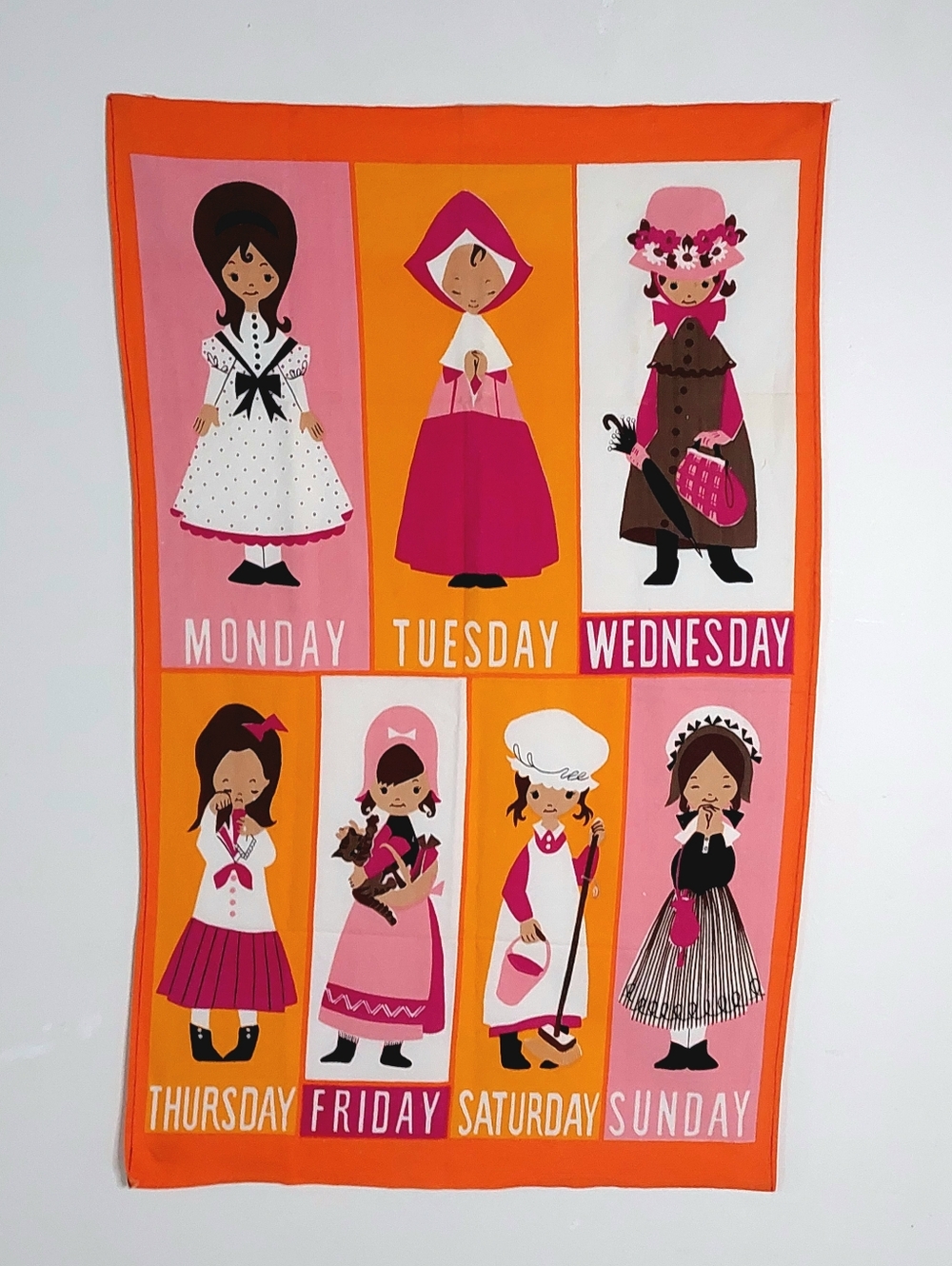 Vintage 1970s Ulster Irish Linen Monday's Child Tea Towel, Retro Nursery Rhyme